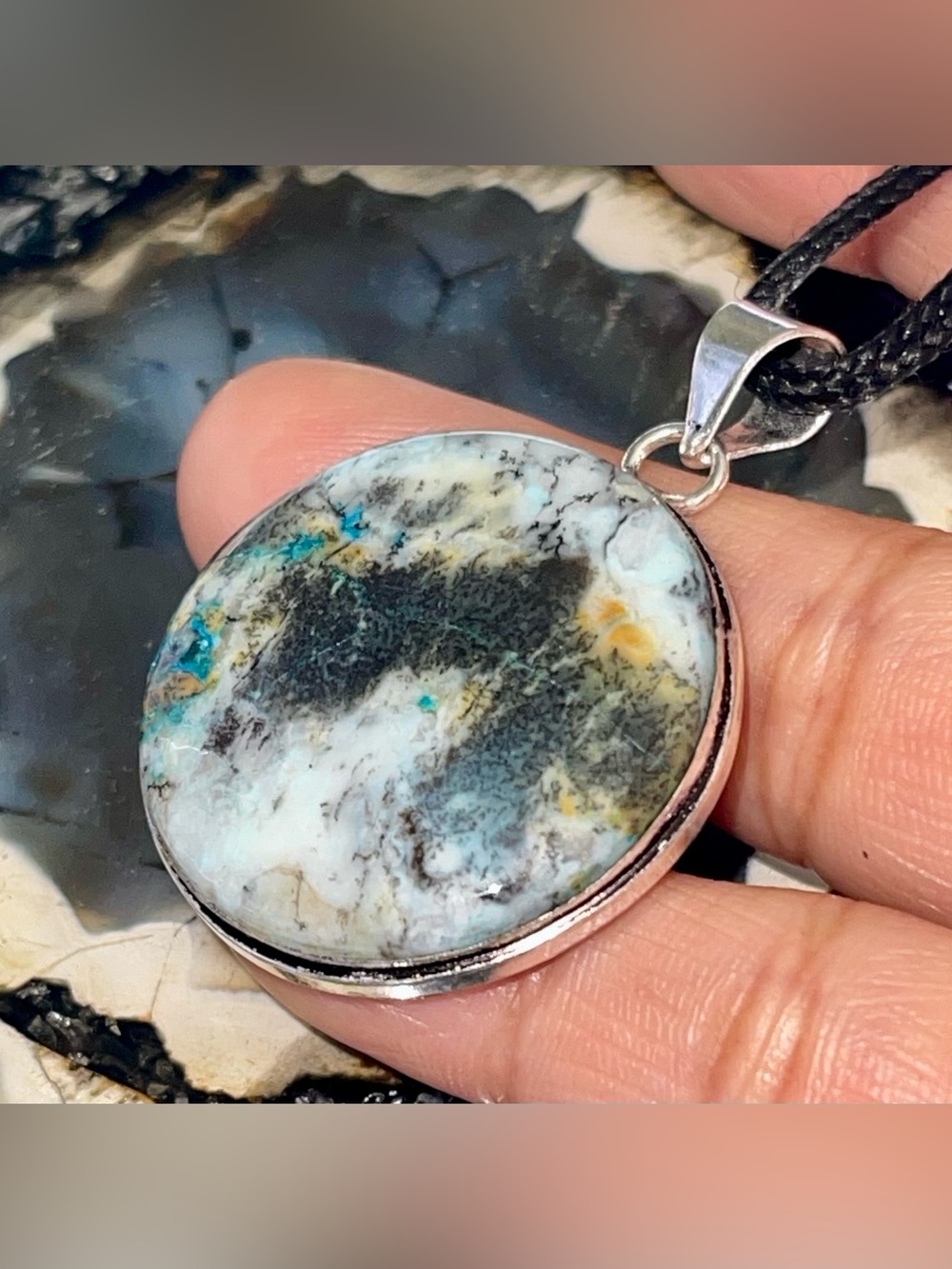 Chrysocolla in Quartz; Quantum Quattro Pendant 1 7/8”